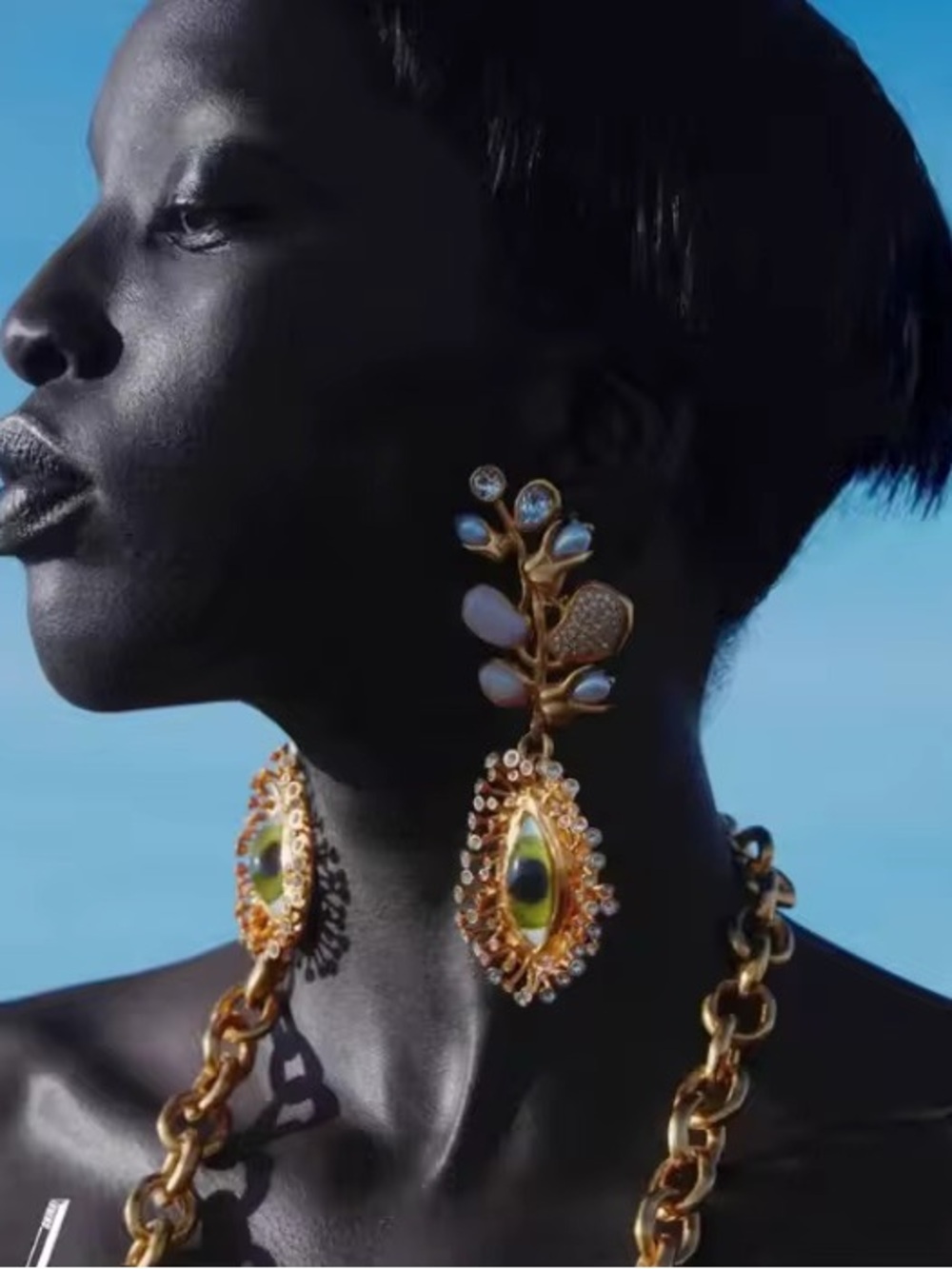 Schiaparelli inspired Gold Floral Drop Earrings with Iridescent Center